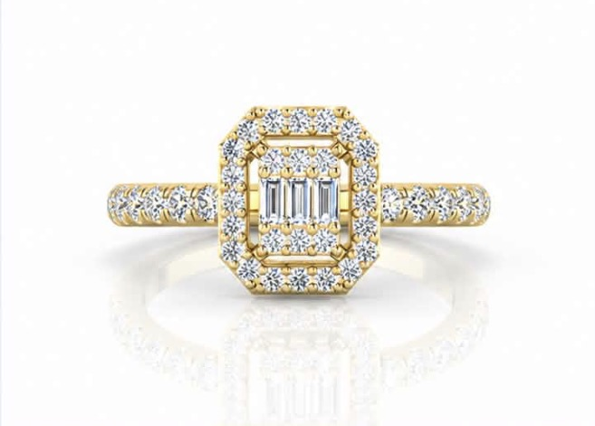 Orienne halo diamond ring in yellow gold — front view