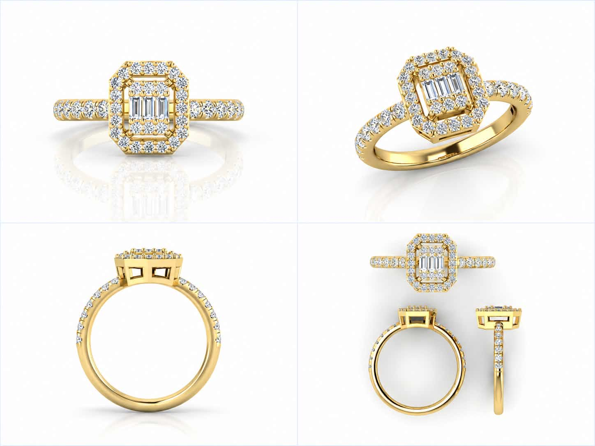 Orienne halo diamond ring in yellow gold — four views