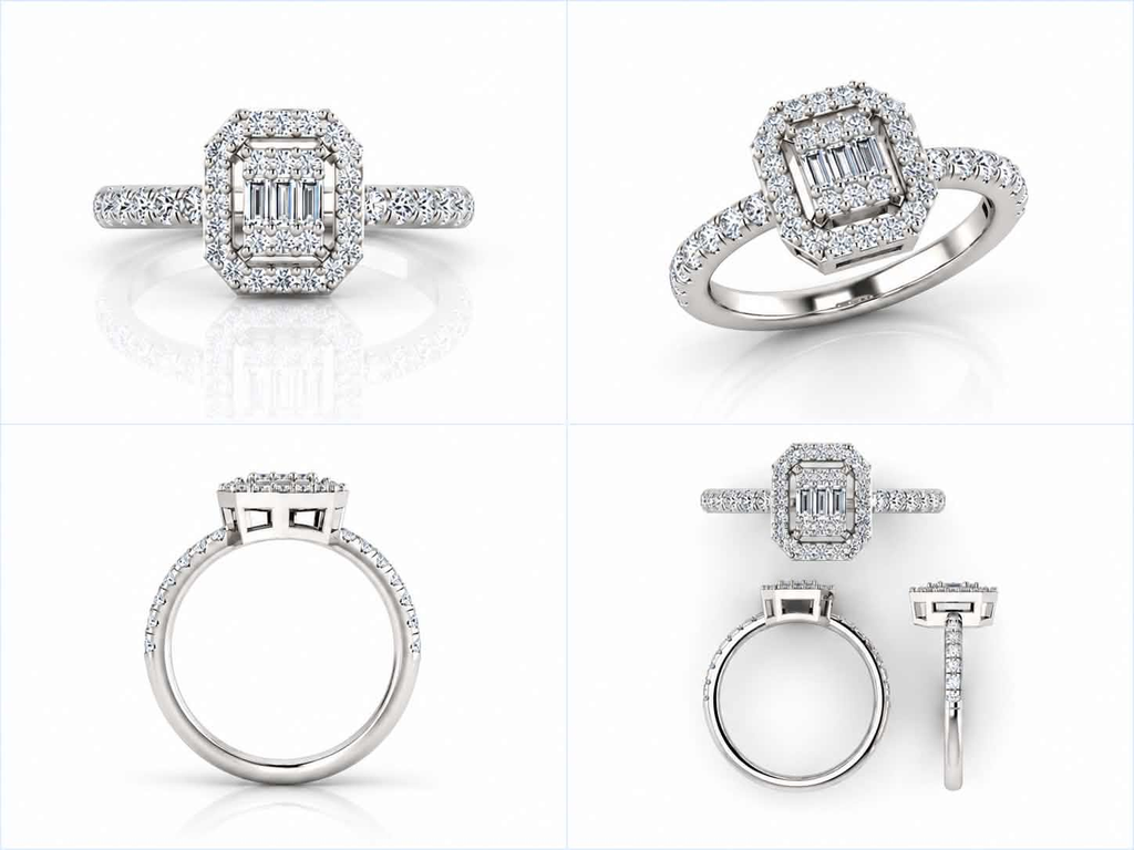Orienne halo diamond ring in white gold — four views