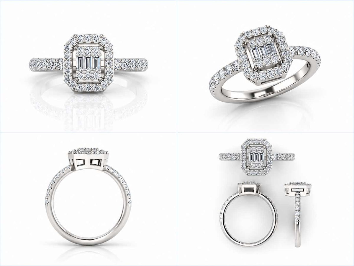 Orienne halo diamond ring in white gold — four views