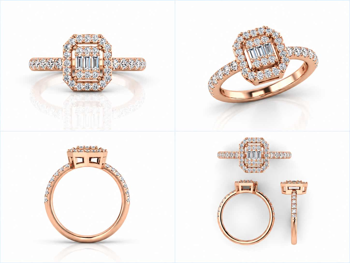 Orienne halo diamond ring in rose gold — four views