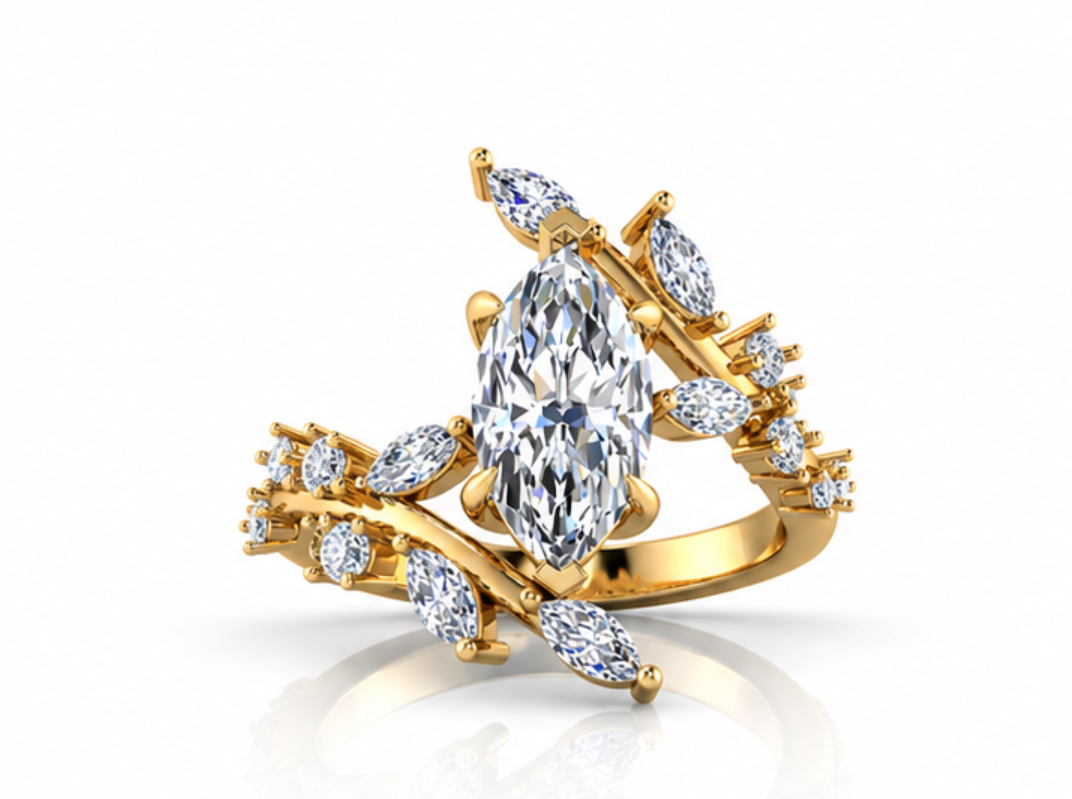 Caelisse marquise diamond ring in yellow gold, front view