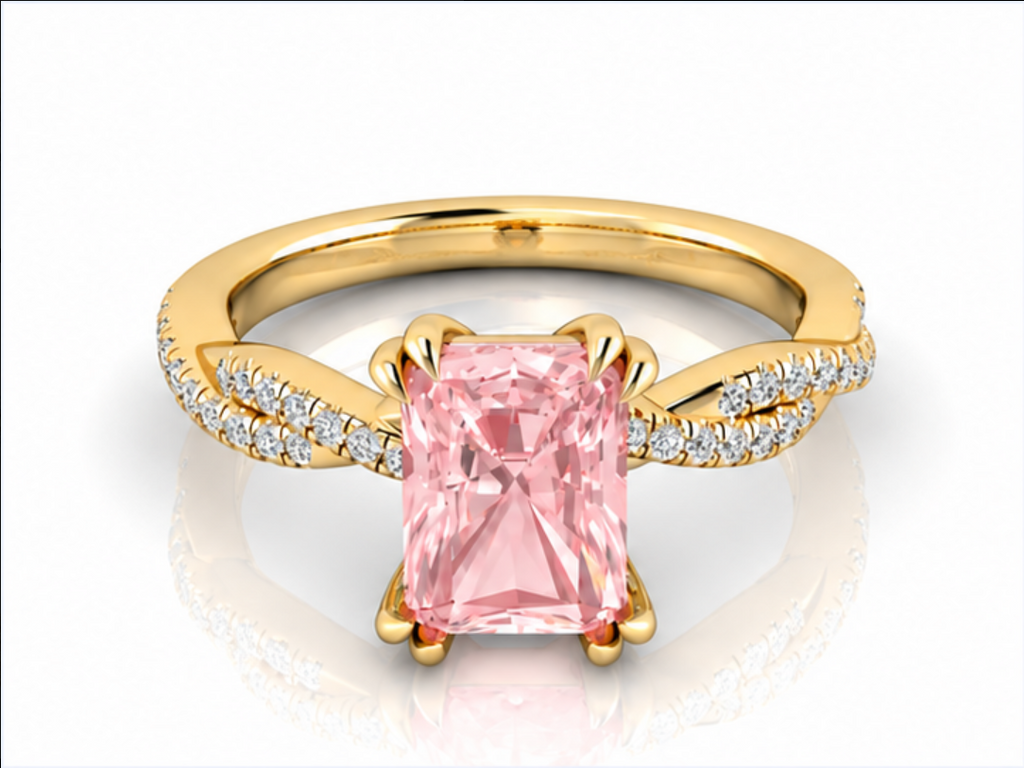 Rose pink gemstone ring in yellow gold, front view