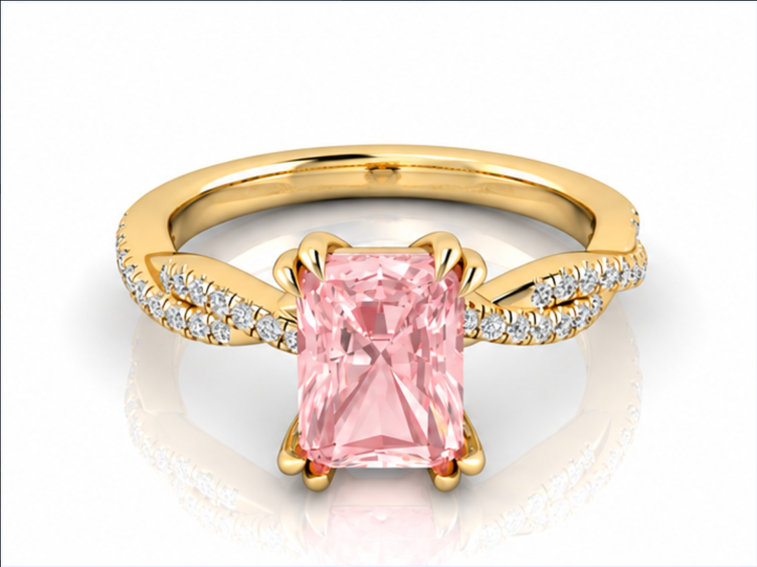 Rose pink gemstone ring in yellow gold, front view