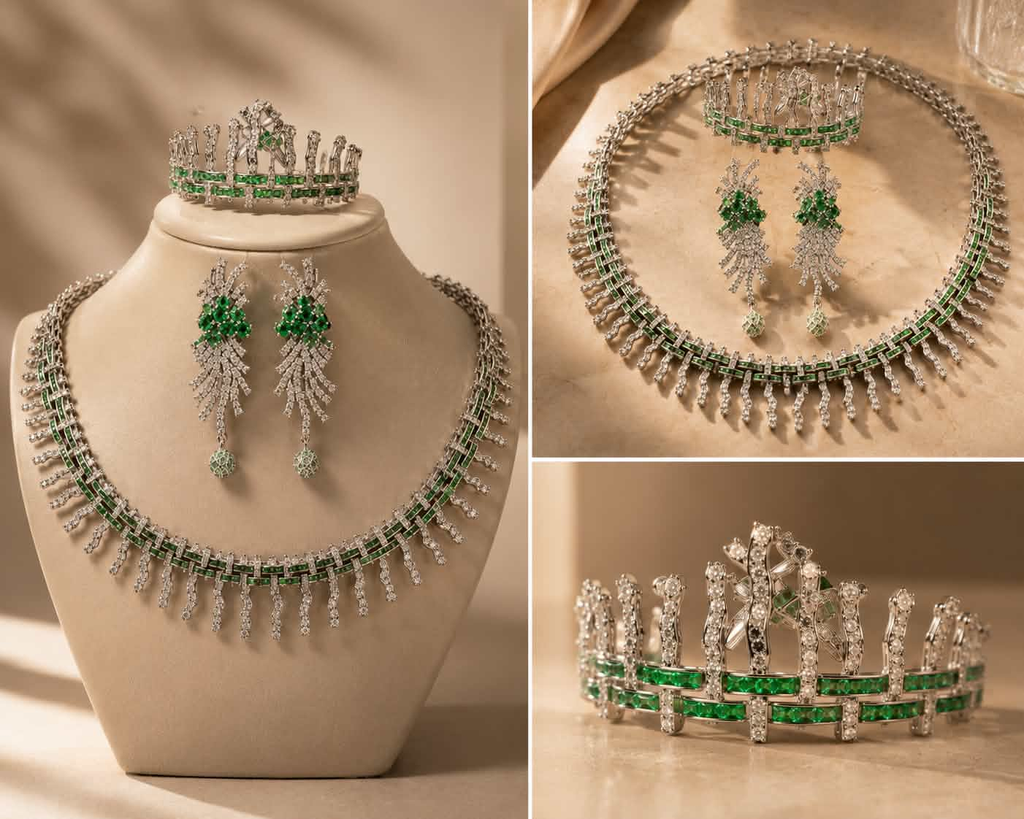 The Imperial Emerald — detailed views of necklace, earrings, and tiara